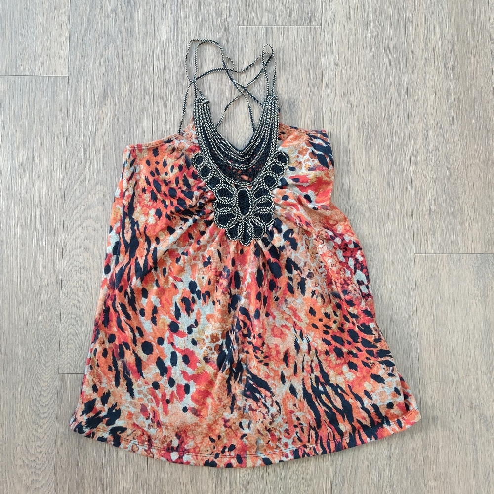 🔥4/$20 Love Notes Orange Leopard Print Strappy Tank with Crochet Neck Detail